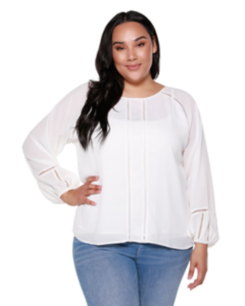 Front of a model wearing a size 1X Addison Round Neck Top in WHITE by Belldini Black Label. | dia_product_style_image_id:245769
